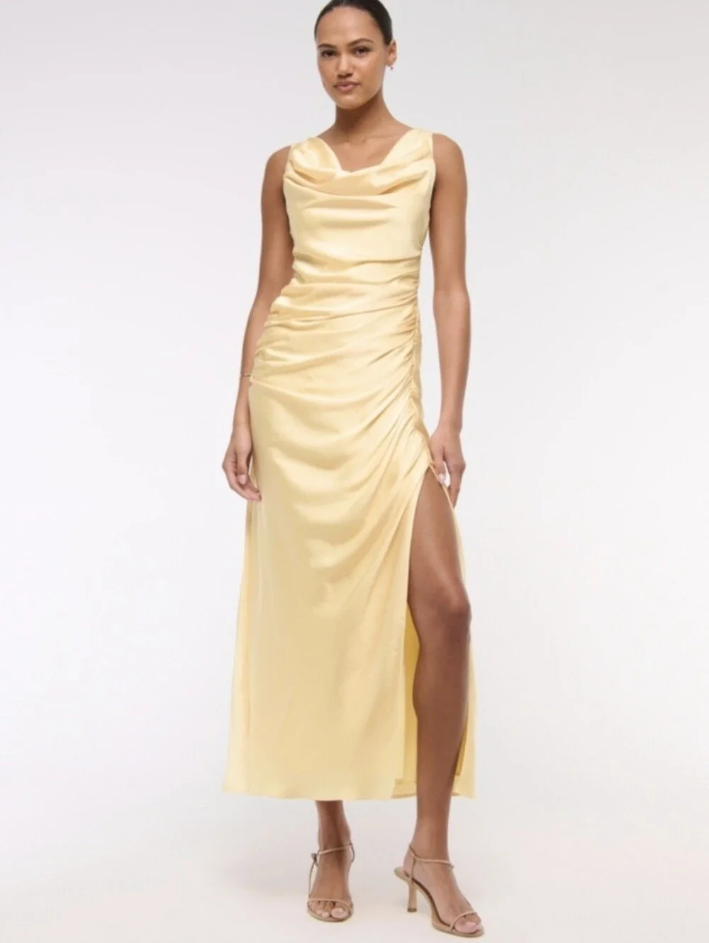 Abercrombie & Fitch Satin Cowl Neck Maxi Dress in Pale Yellow